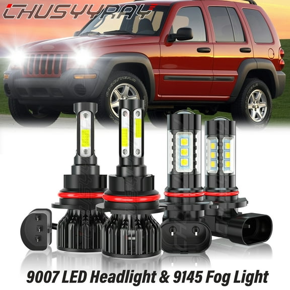 For Jeep Liberty 2002-2006 2007 LED Headlight  Fog Light Bulbs Kit 9007 HB5 9145 9140 6000K White 4x