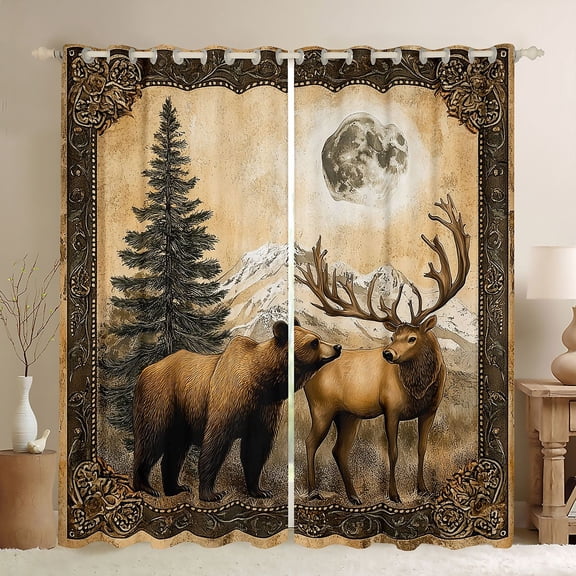 Manfei Cute Bear Deer Blackout Curtains Set of 2 (52x84 Each),Jungle Wildlife Deer Window Curtains,Country Farmhouse Curtains and Drapes For Girls Boys,Luxury Bedroom Decor