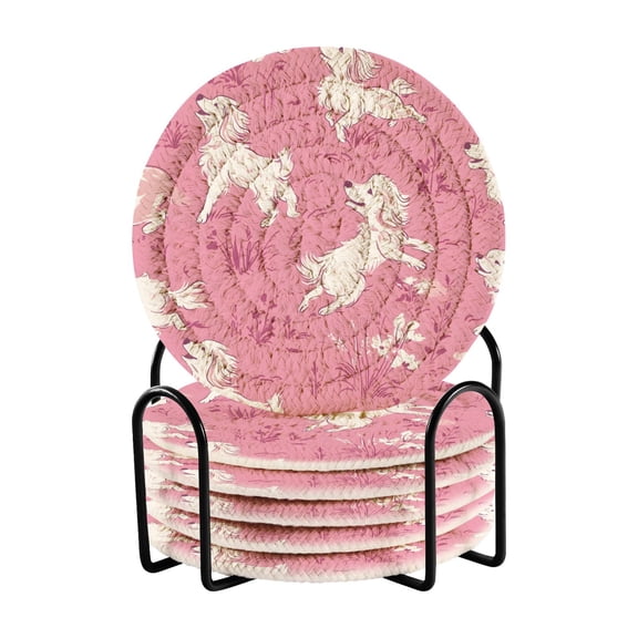 Haosy Set of 6 Drink Woven Coaster with Holder Heat Resistant Non-Slip Bar Coasters 4 Inches White Dogs on Pink Grass