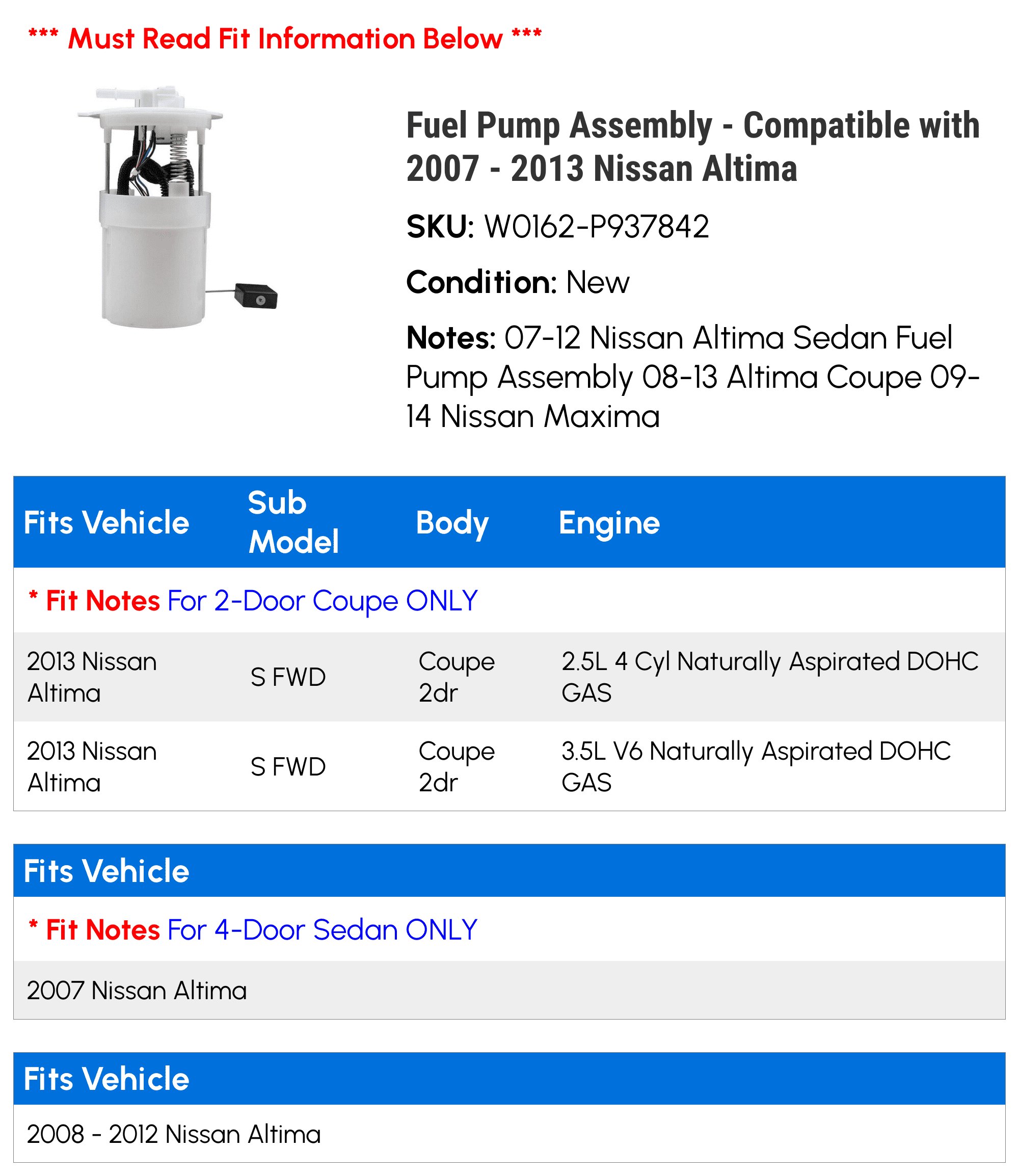 Fuel Pump Assembly - Compatible with 2007 - 2013 Nissan Altima 2008 2009 2010 2011 2012