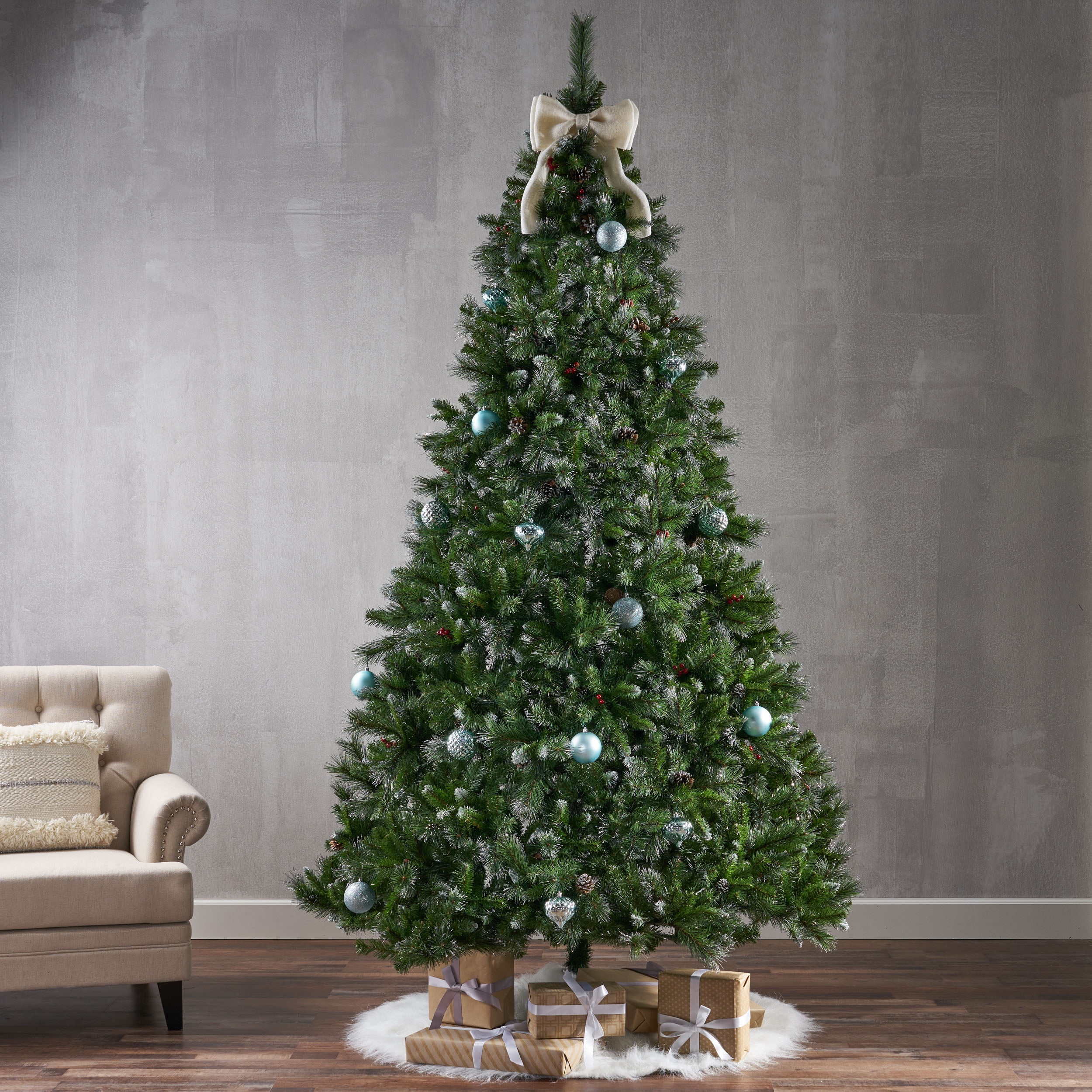 Noble House 9 Foot Artificial Mixed Spruce Christmas Tree with Glitter Branches, Red Berries, and Pinecones, Green