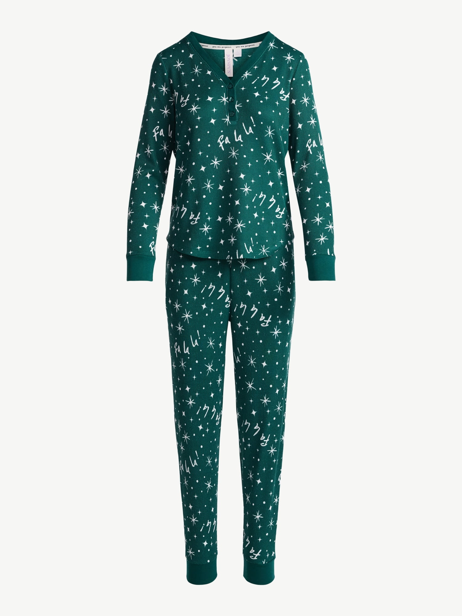 Joyspun Women's Waffle Knit Henley Sleep Top, Joggers and Socks Pajama Set, 3-Piece, Sizes XS-3X