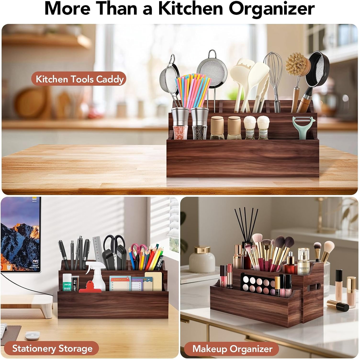 Kitchen Utensil Holder for Countertop, Large Wood Organizer for Utensil Crock with Spoon Rest, Farmhouse Cooking Utensil Holder with 7 Compartments, Wall Mount Rustic Wooden Storage for Cooking Tools