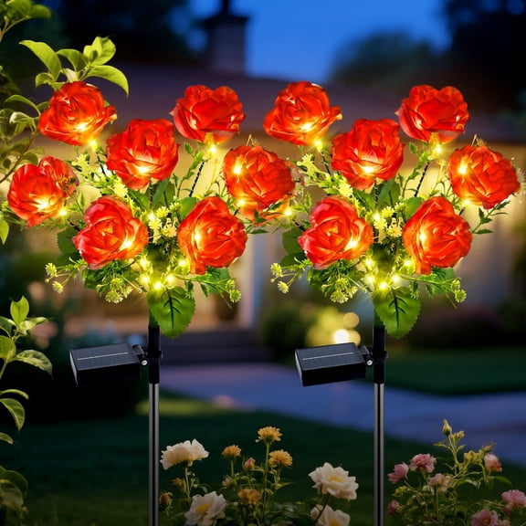 Qoosea Solar Flowers Outdoor Lights, 7 Heads Rose Solar Garden Lights Waterproof, Solar Lights Outdoor for Yard Patio Lawn Garden Decor, 2 Pack Red