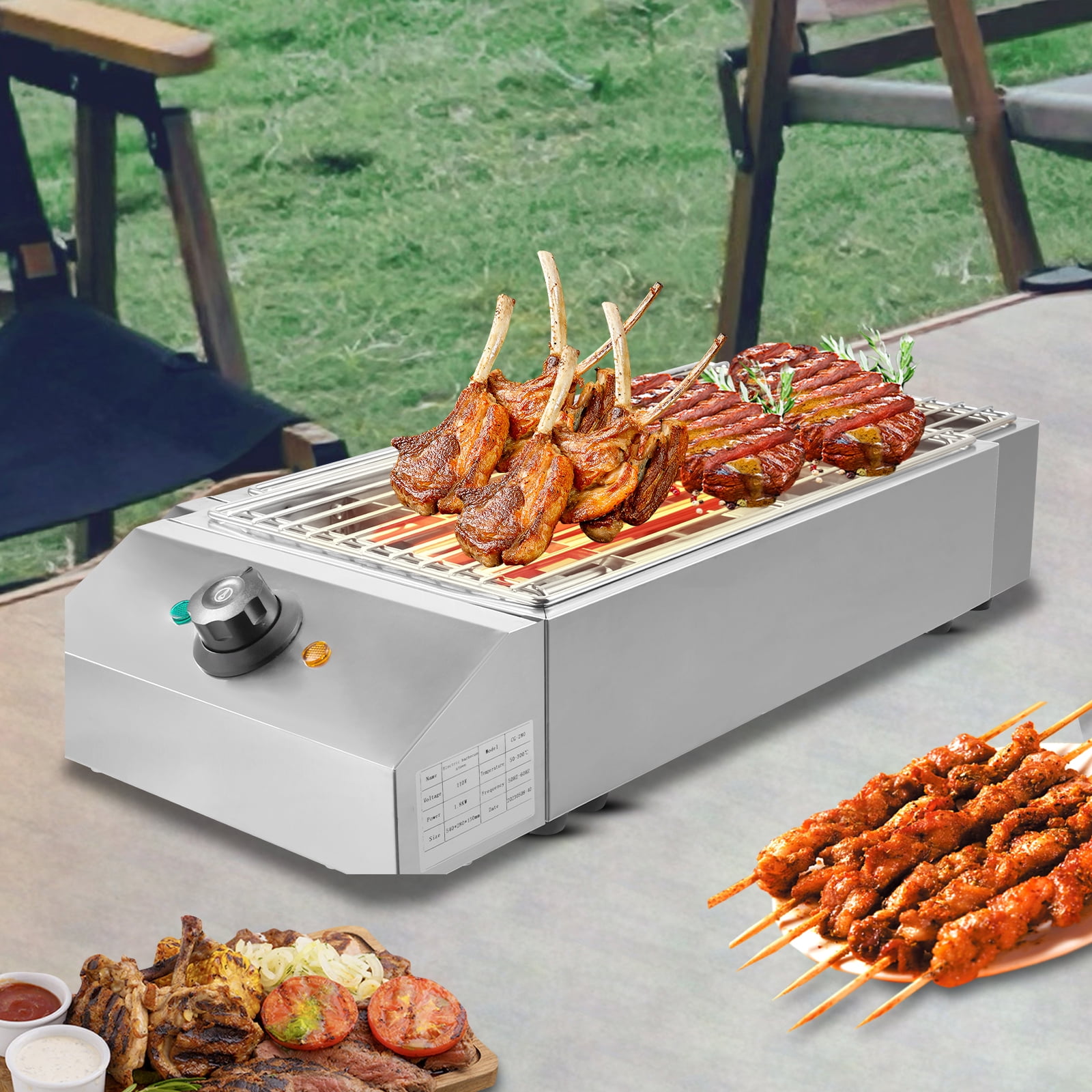 1800W 42*25cm Silver Electric Barbecue Grill Stainless Steel Electric Barbecue Stove with Adjustable Temperature