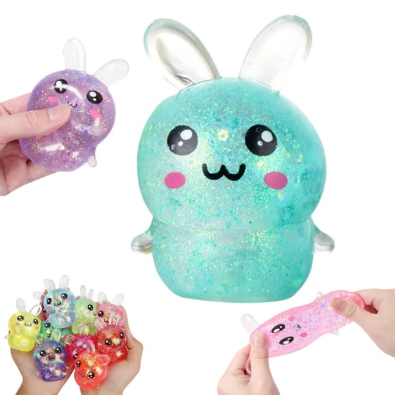 Easter Glitter Bunny Stress Balls,Squeeze Toys for All Ages Easter Basket Stuffers, Easter Egg Fillers(Cyan)