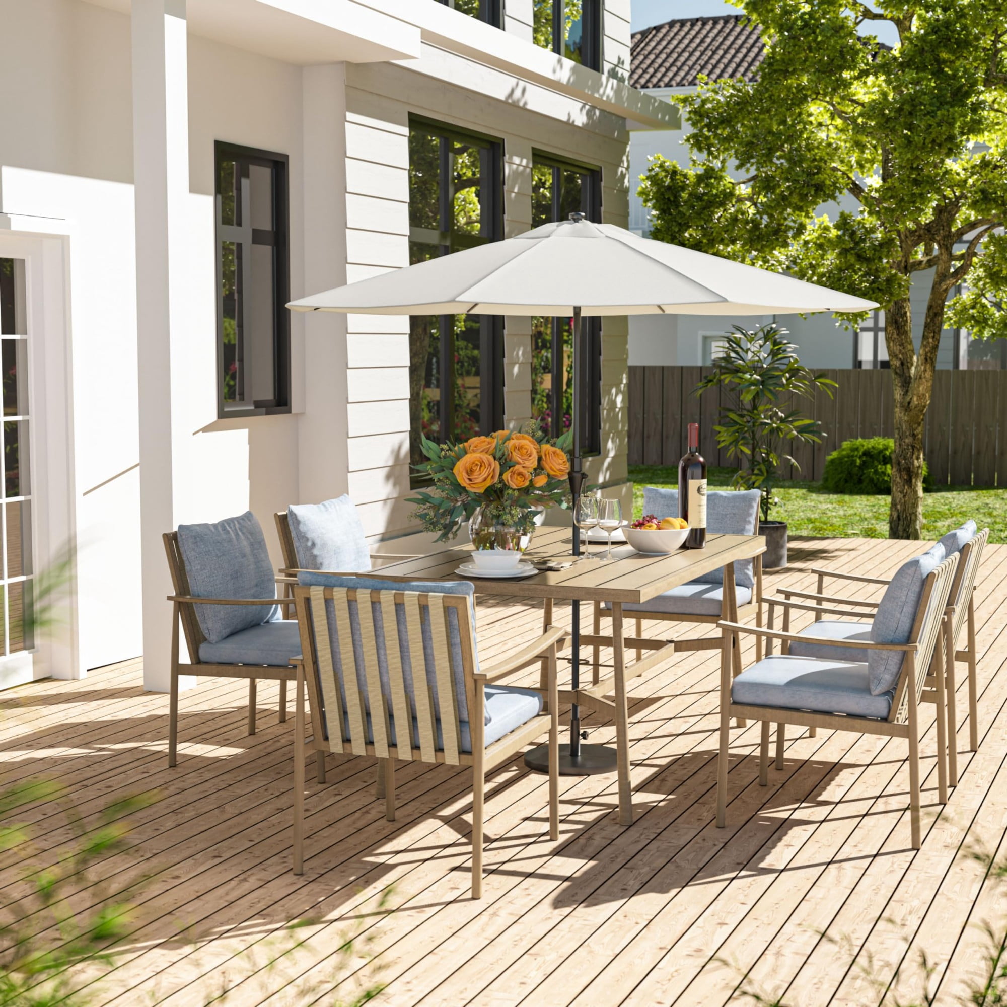 Outdoor Dining Chairs Set of 6, Aluminum Patio Chairs with Cushions, Rope Backrest Ergonomic Armrest Dining Chairs for Backyard Garden Pool, Brown/Blue