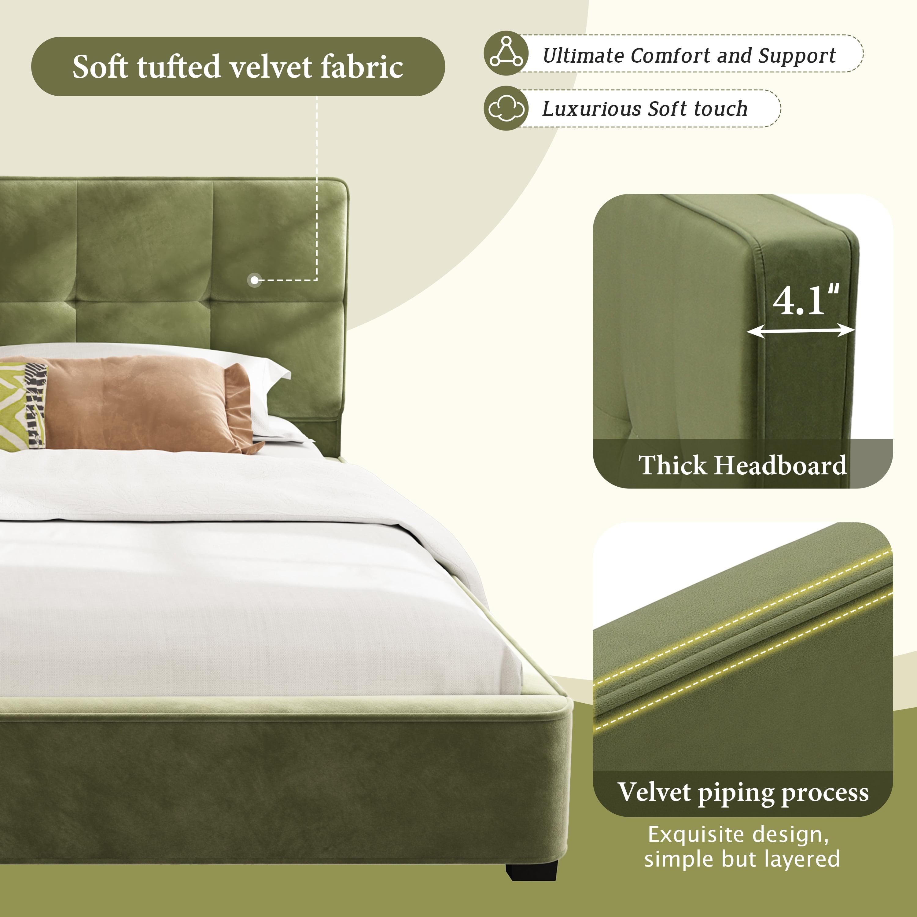 King Size Velvet Upholstered Bed Frame, Platform Bed with Curved Tufted Headboard & Soft Square Corners for Bedroom, Olive Green