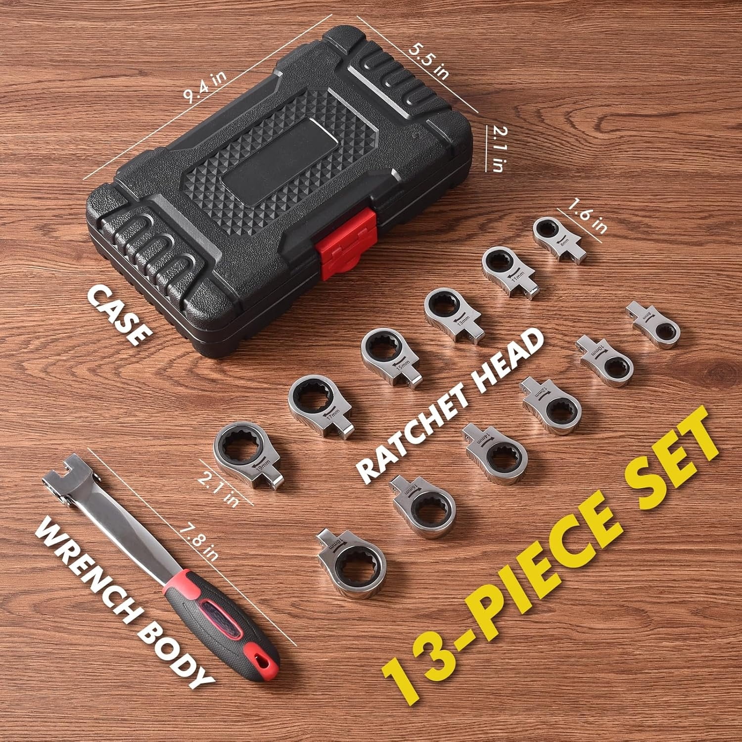 Flex Head Ratcheting Wrench Set, 8-19mm Ratchet Wrench Set with Interchangeable Heads for Mechanic Repair