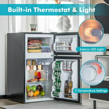 Costway - 3.2 Cu.Ft Mini Refrigerator with  Freezer Compact Fridge with  2 Reversible Door - Black / Silver