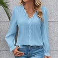 thumbnail image 2 of Women Lace Patchwork Long Sleeve V Neck Shrug Blouses Pleated Ruffled Sleeve Tunic Shirts Casual Tops Blue,L, 2 of 6