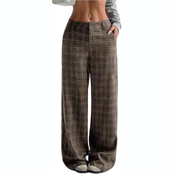 LWavelet Comfort Fabric Plaid Wide Leg Pants Women Daily Commute Wear Coffee XL