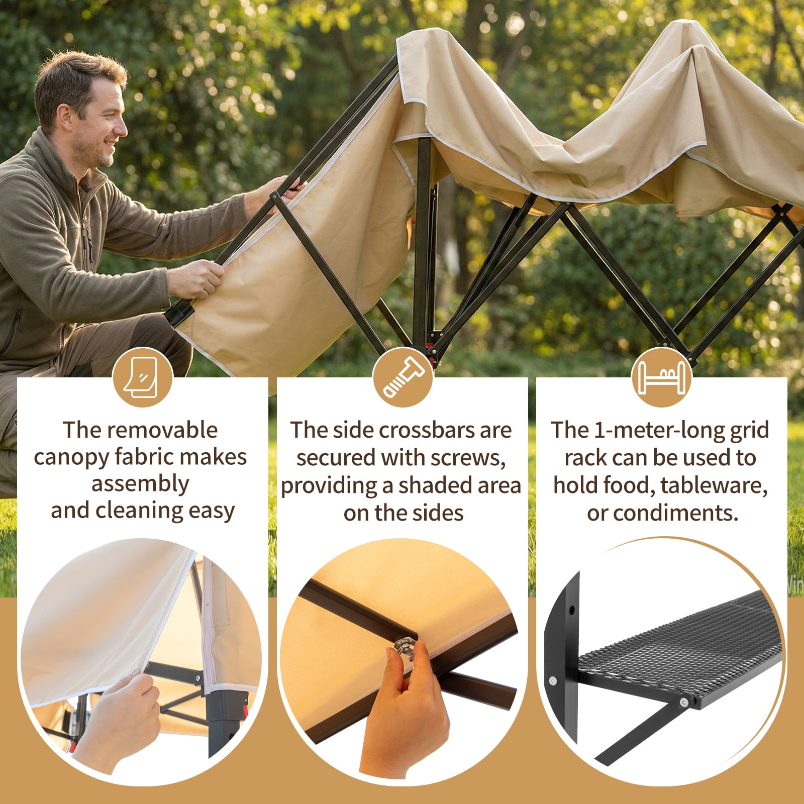 UBesGoo 12.5x3.3ft Grill Gazebo, Outdoor BBQ Gazebo with Storage Shelf,Double Tiered & Extra Adjustable Shadow,Khaki
