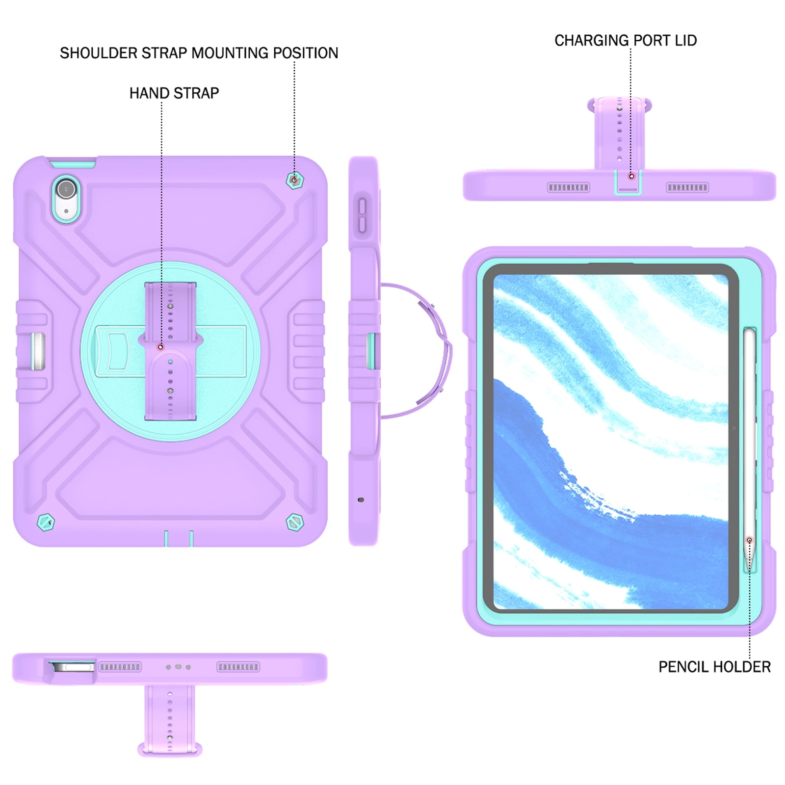 Military Grade Case for Apple iPad Air 11 inch 2024,Shoulder Strap Shockproof iPad Case with Pencil Holder 360 Rotating Hand Strap+Kicstand Rugged Siicone and Hard PC Case,Purplegreen