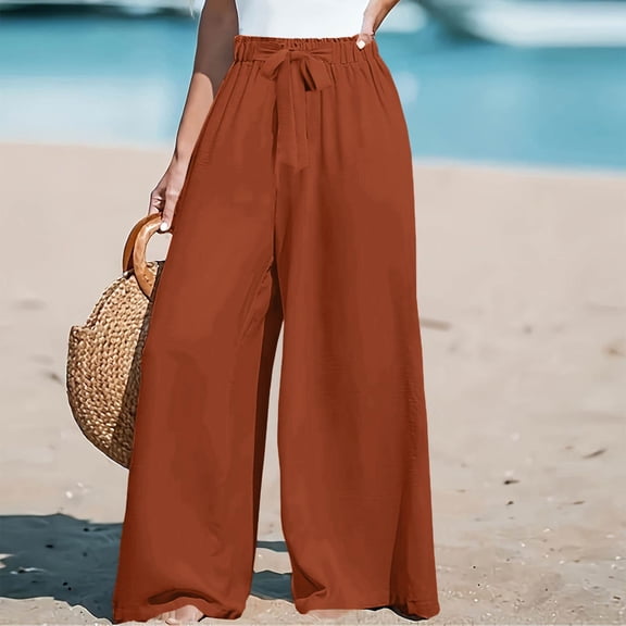 Womens Wide Leg Palazzo Pants Belted High Waisted Business Casual Flowy Long Trousers with Pockets Light Brown M