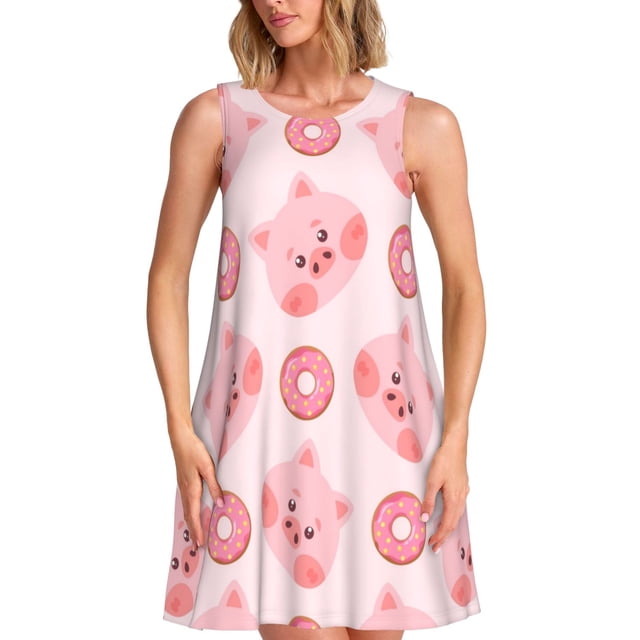Fotbe Pigs Head And Donuts Vestido de Verano sin Mangas para Mujer – Vestido Midi Línea A, Estilo Camiseta Floral, Vestido Playero Casual y Fluido