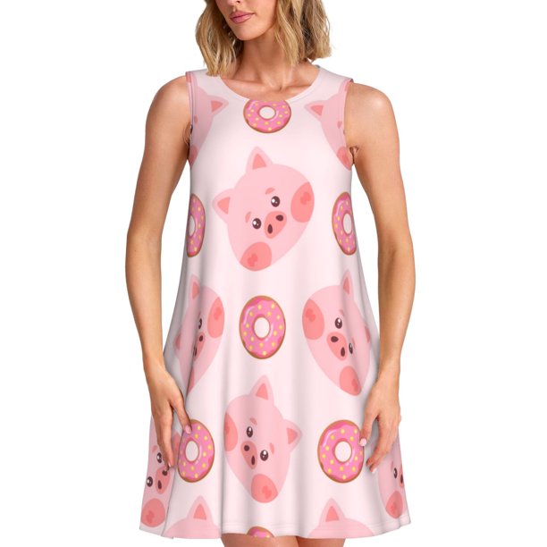 Fotbe Pigs Head And Donuts Vestido de Verano sin Mangas para Mujer – Vestido Midi Línea A, Estilo Camiseta Floral, Vestido Playero Casual y Fluido