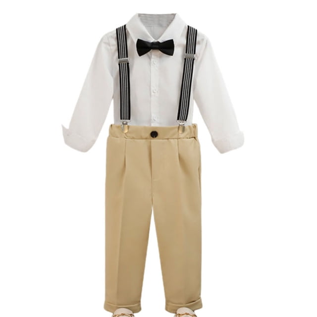 Odeerbi Niños 3 Pcs Caballero Traje Formal Vestido Camisa + Pantalones de Traje de Suspensión + Corbata de Palo Trajes de Boda Conjunto