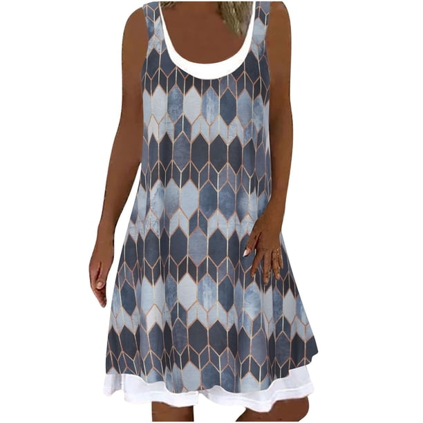 Vestido de jersey sin mangas estampado con cuello redondo a la moda de verano para mujer Pompotops ghjkhdj5399