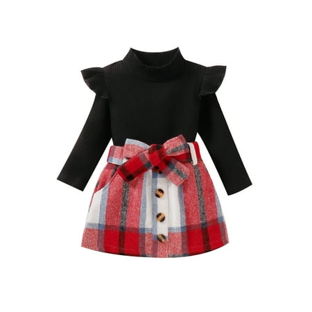 

Toddler Baby Girl Spring Autumn Outfit Ruffle Long Sleeves Turtleneck Tops and Casual Plaid A-line Skirt with Belt Set