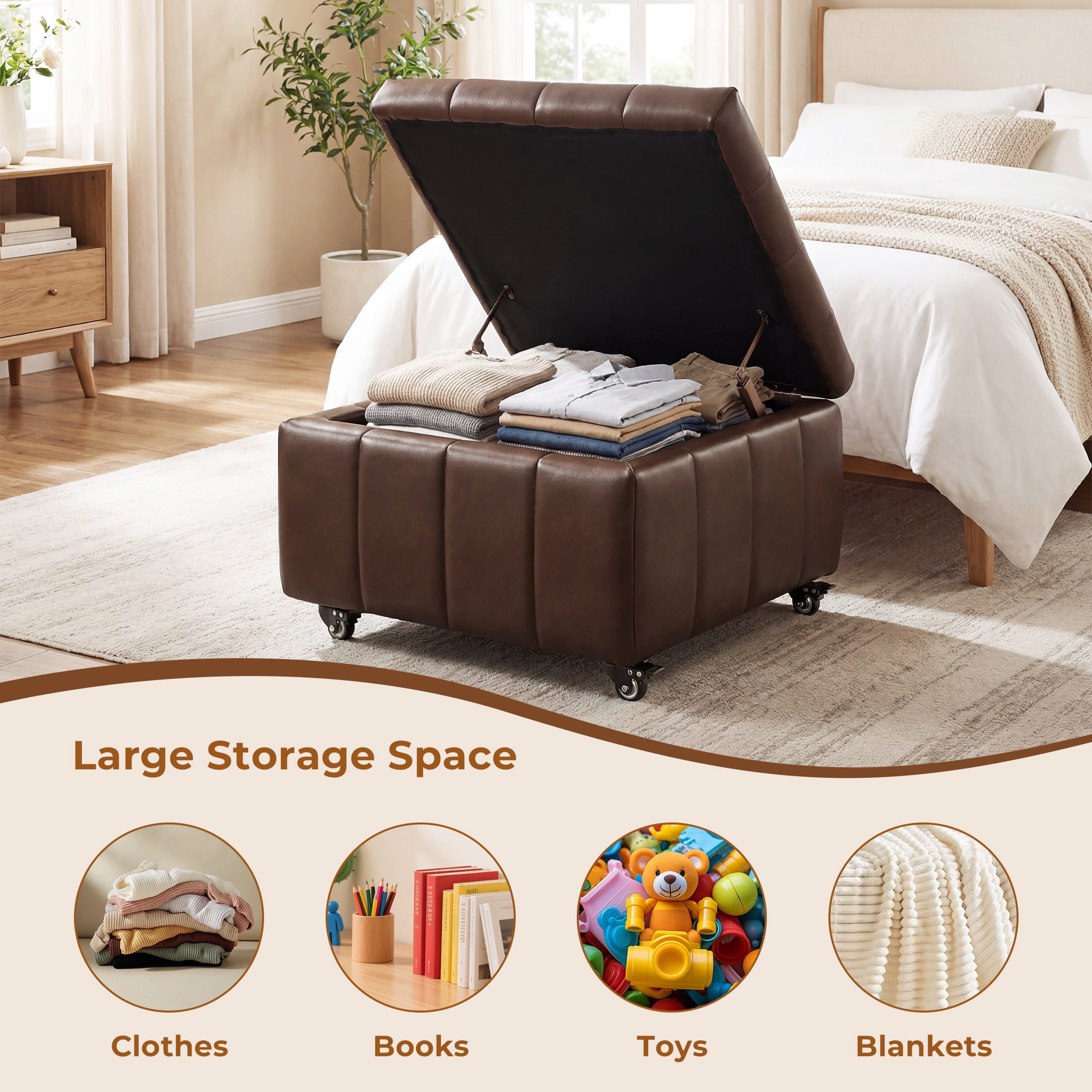 Poshby Square Faux Leather Storage Ottoman, Coffee Table Footrest Stool with Pulley Legs for Living Room or Bedroom, Dark Brown