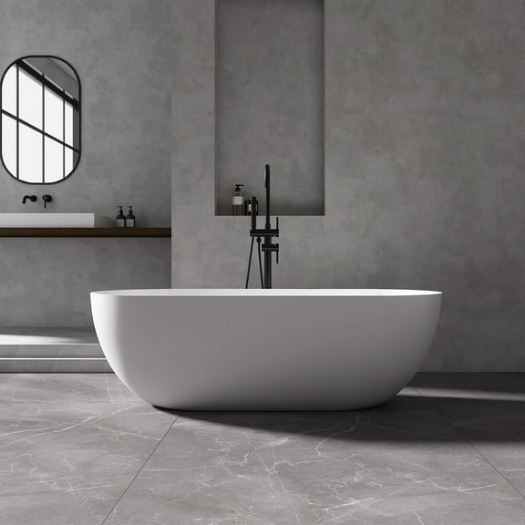 MEDUNJESS 69" Solid Surface Freestanding Bathtub, Oval Luxury Contemporary Stone Resin Bathtub Stand Alone Tub with Pop-up Drain and Overflow, Matte White