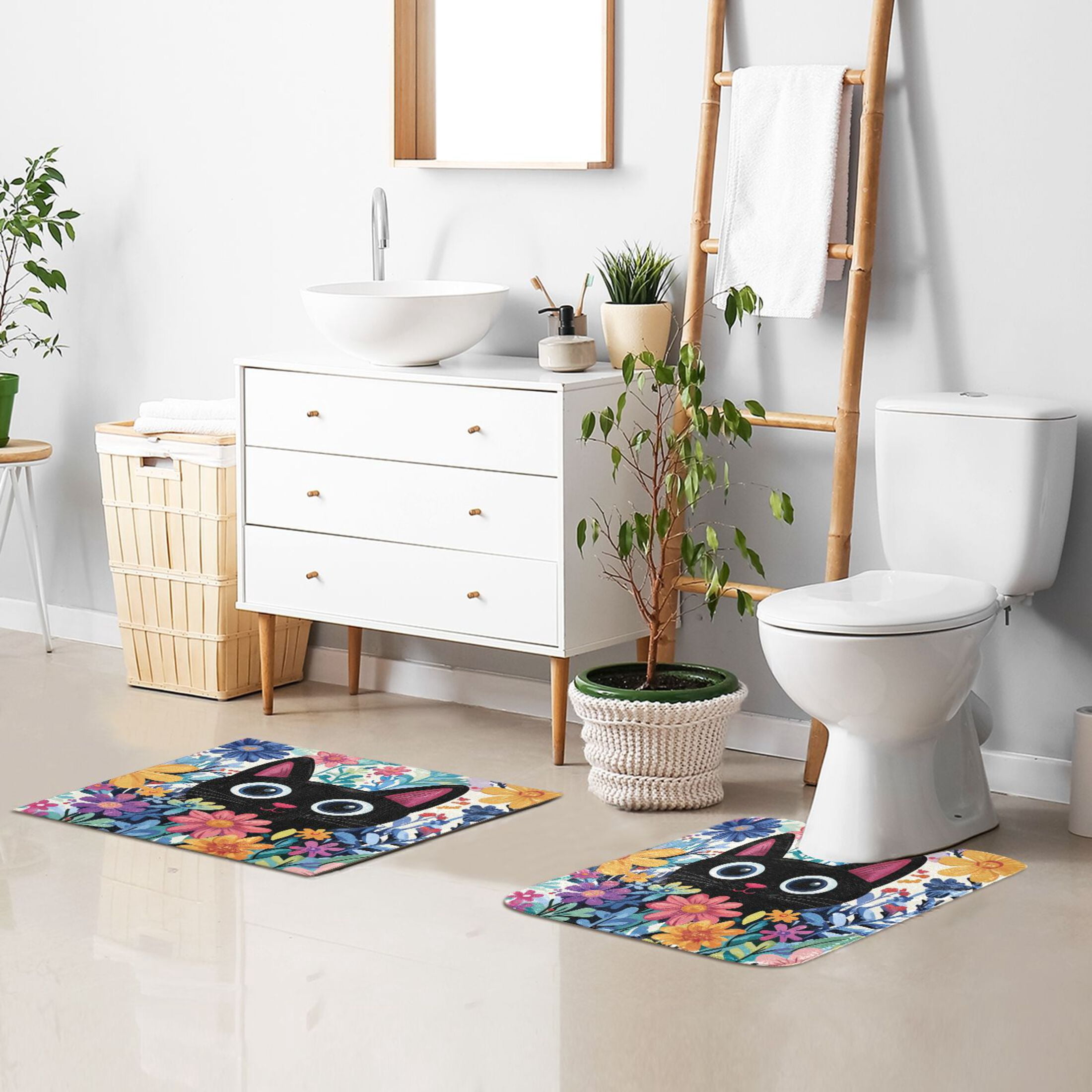 2 Piece Soft Bathroom Rug Set Black Cat in The Flower Bath Mat and U-Shaped Toilet Contour Rug (16"x24"+20"x24")