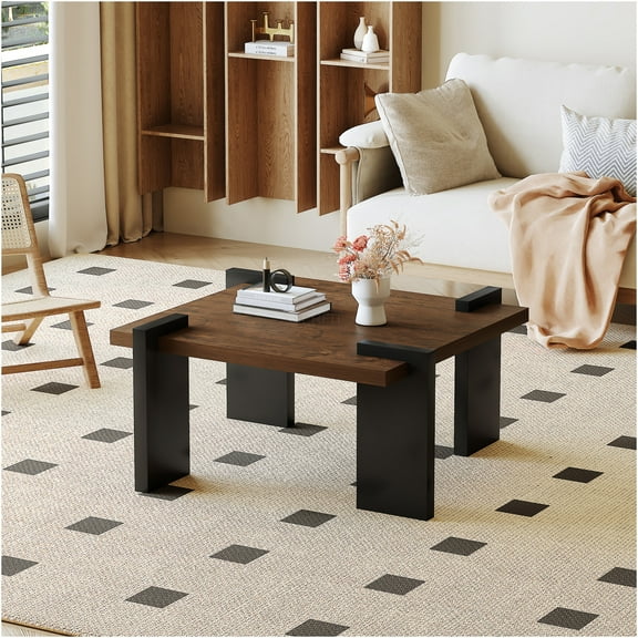 JERFIT Modern Walnut Square Coffee Table for Small Space, MDF Top with Black Legs, 31.5" Minimalist Accent Table for Living Room