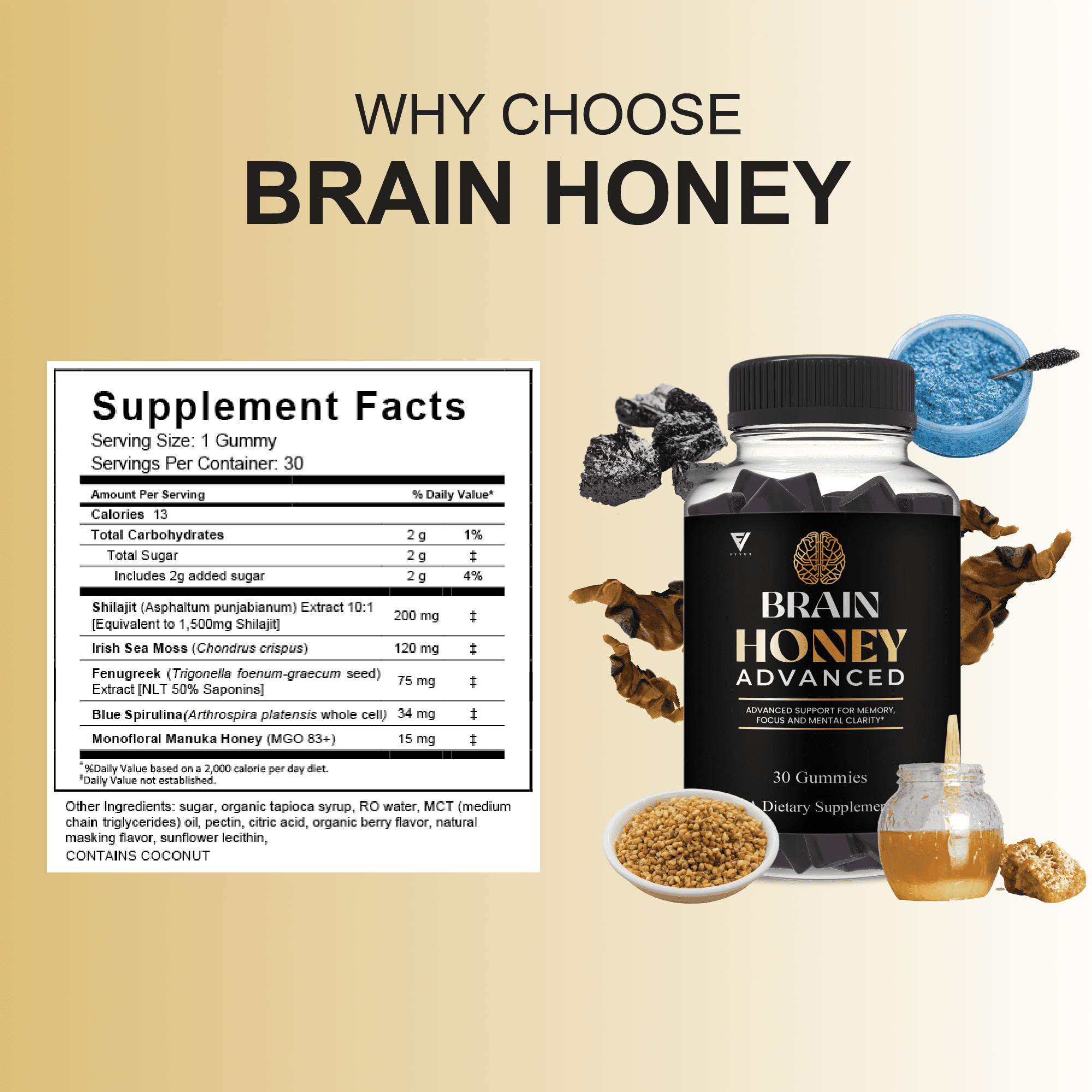 (2 Pack) Brain Honey Advanced With Manuka Honey, Brain Honey Nootropic Gummy (60 Gummies)
