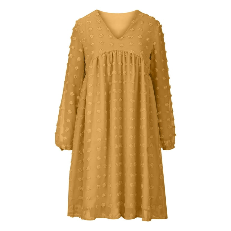 safuny Women's Mini Babydoll Dress Solid Swiss Dot Long Sleeve Autumn Dress  Winter V Neck Elegant Leisure Comfy Vacation Fashion Yellow M - Walmart.com