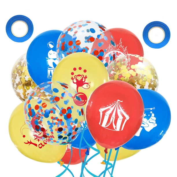 FELTECHELECTR 52 globos de 12 pulgadas con temática de circo, estampados, lentejuelas, confeti, globos de látex, cintas, decoración para fiestas, adornos para fiestas, suministros para fiestas.