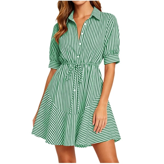 Brglopf Womens Puff Short Sleeve Striped Mini Summer Dress Spring Casual V Neck Button Down A Line Short Work Shirt Dresses