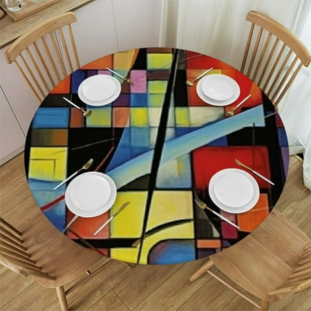 

Xllo0ord Round Fitted Tablecloth with Elastic Edge Design Wipeable Waterproof Table Cover for Indoor Outdoor Dinning Patio Decor Geometric Image Fits up Tables 31-35