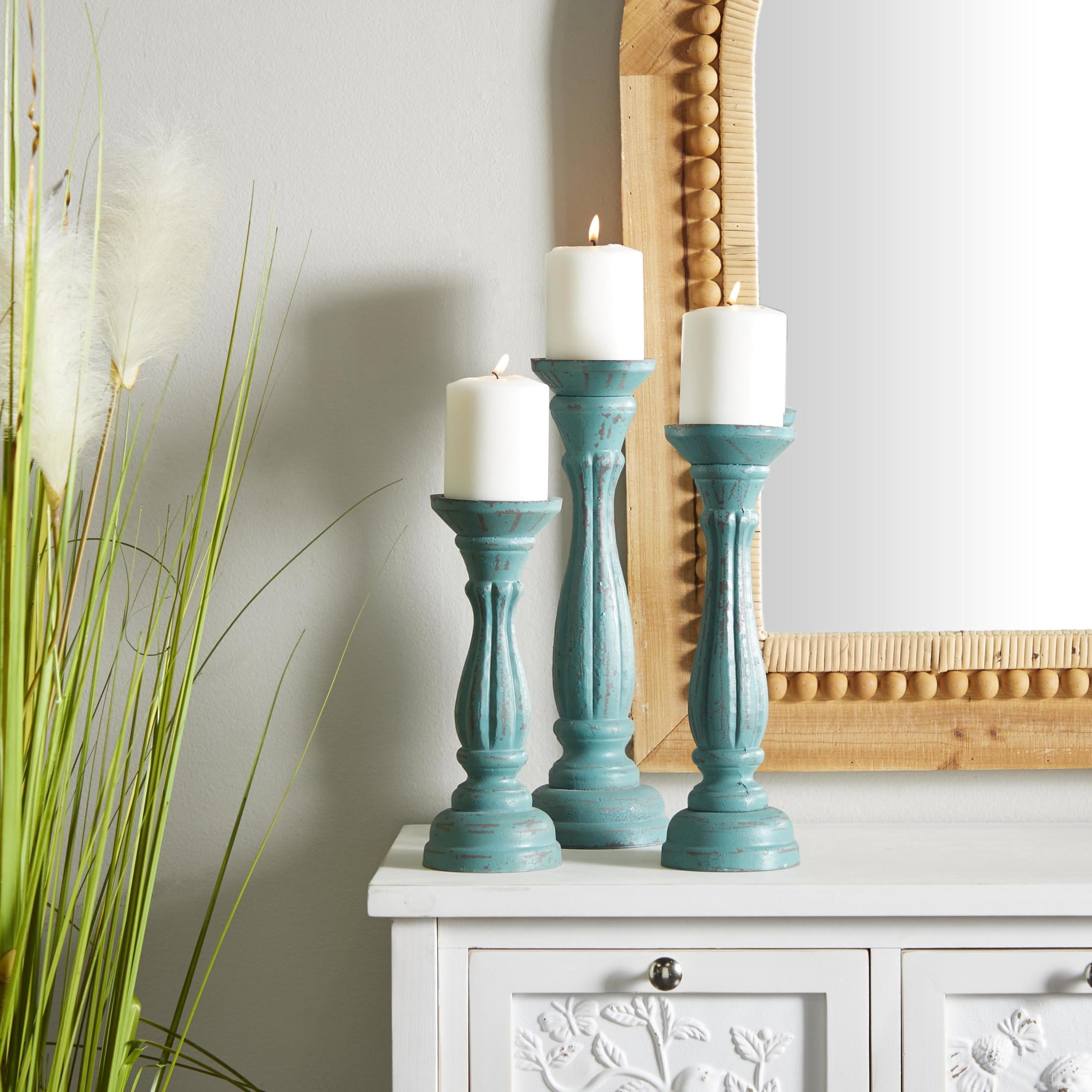 DecMode 3 Candle Blue Wooden Distressed Turned Pillar Candle Holder, Set of 3
