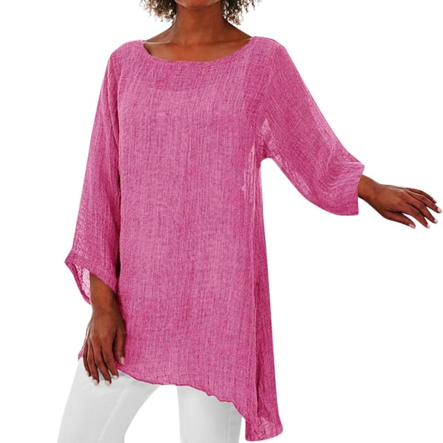 T-Shirts Col en V pour Femmes Manches Longues Col Rond Hauts Imprimé Uni Rose P