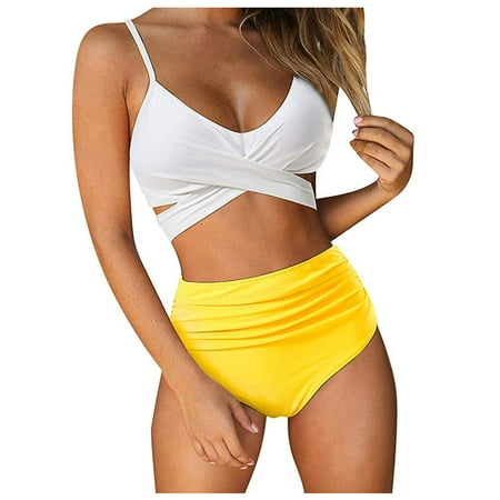 Swimsuits for Women Two Piece Bathing Suits Bra Top with High Waisted Bottom Wrap Bikini Set  Yellow and White XL Size