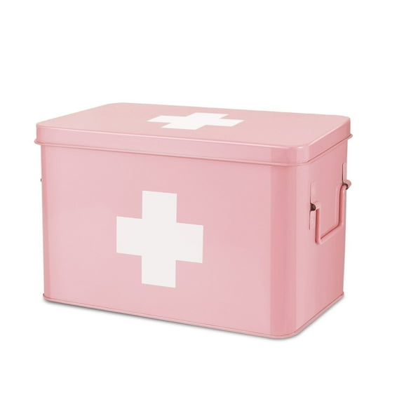 First Aid Box Organizer - Empty 13" Pink Vintage First Aid Kit Tin Metal Medical Box - First Aid Storage Box Container Bins with Dividers, Removable Tray and White Cross Logo
