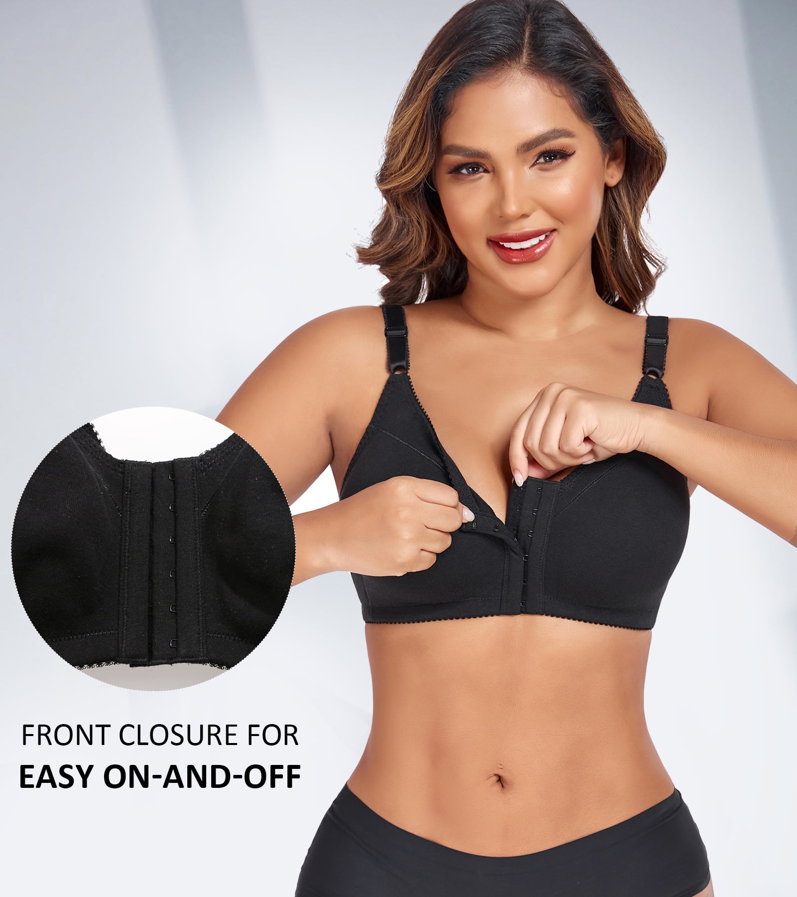 Exerin Women's Front Closure Bras Wireless Comfort Unlined Full Coverage Cotton Bra(36B,Black)