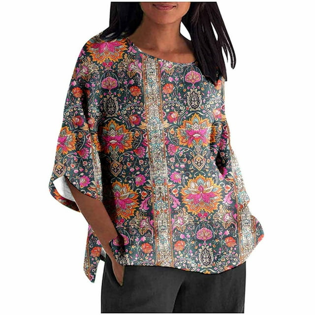 Mujeres 3/4 Manga Tops Y Blusas de Impresión Suelta Camisa Cortada, Casual Cuello Redondo Blusa para la Primavera Y el Verano