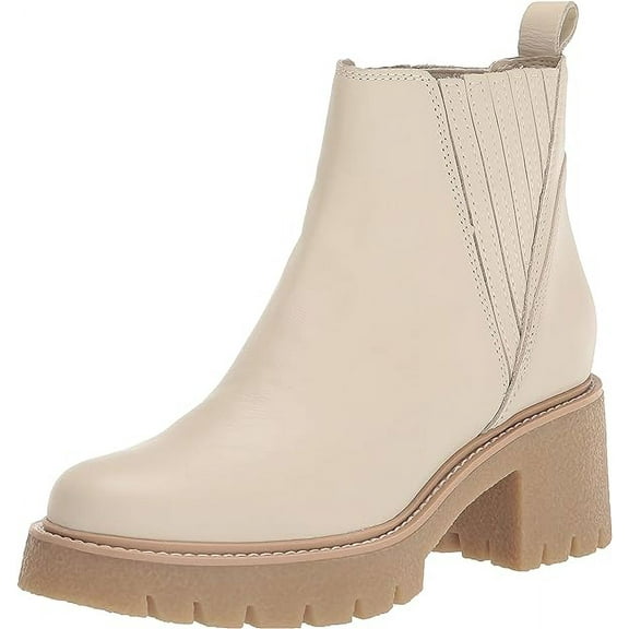 Dolce Vita Harte H2O Ivory Leather Pull On Chunky Lugged Block Heel Ankle Boots (Ivory Leather H2O, 5)