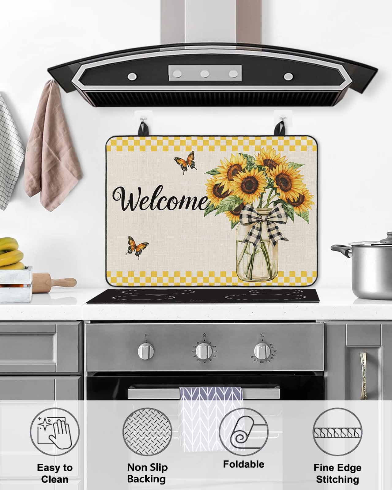 nqOlkjepod Large Induction Cooktop Protector Mat 31"x24", Yellow Sunflower Stove Top Covers for Electric Stove, Butterfly Plaid Bow Retro Beige Farm Stove Burner Cover Mats, Glass Top Stove Cover