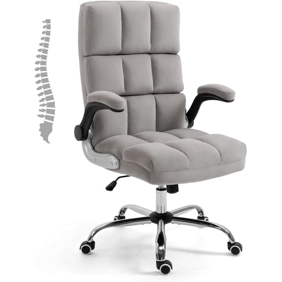 Executive Office Chair, Velvet Ergonomic Comfy Desk Chair, High Back Computer Chair with Adjustable Tilt Angle and Flip-up Arms (Grey, Without Footrest)