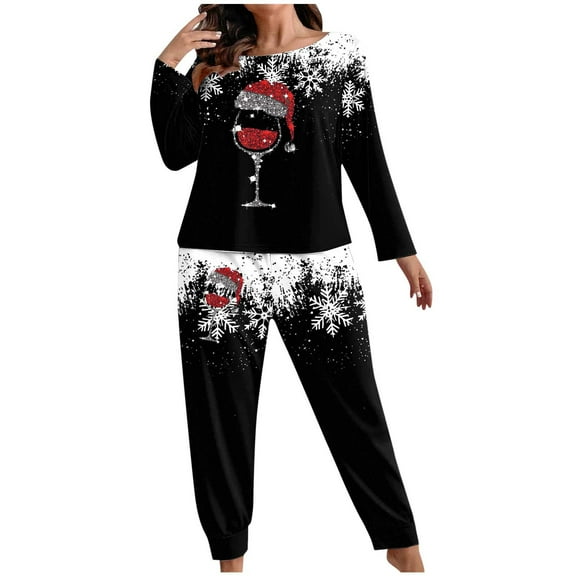 Christmas Plus Size 2PC Pajamas for Women Long Sleeve Crewneck Graphic Pullover Top Long Pants Lounge Set Black 2XL