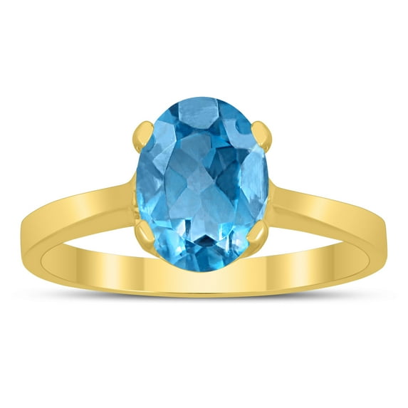 SZUL Women's Oval Solitaire 8X6MM Blue Topaz Ring in 10K Yellow Gold