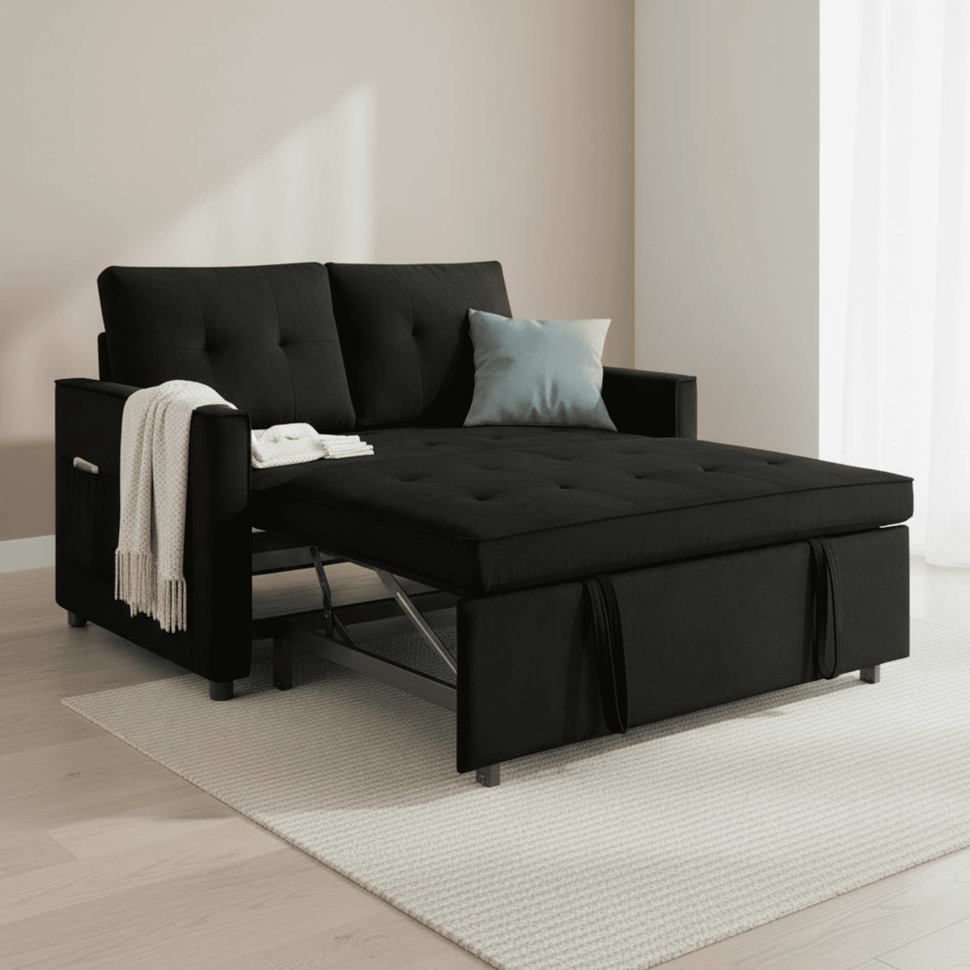 Gewnee Black Velvet Convertible Loveseat with Adjustable Backrest and Storage Pockets