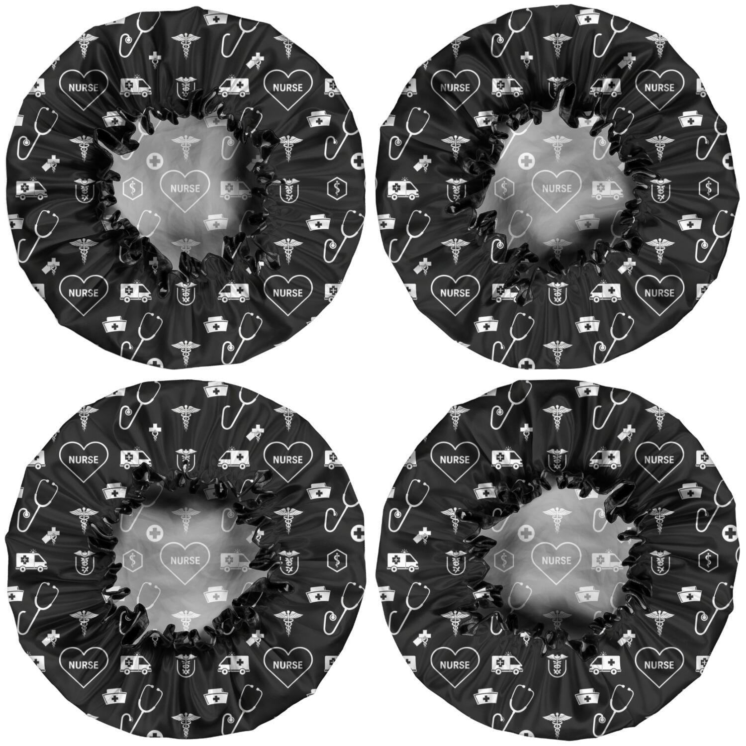 Shower Caps,Black White Medical Symbol Pattern Waterproof Shower Cap for Women 4 Pieces,Double Reusable Hair Cover for Shower PEVA Elastic Stretch Hem