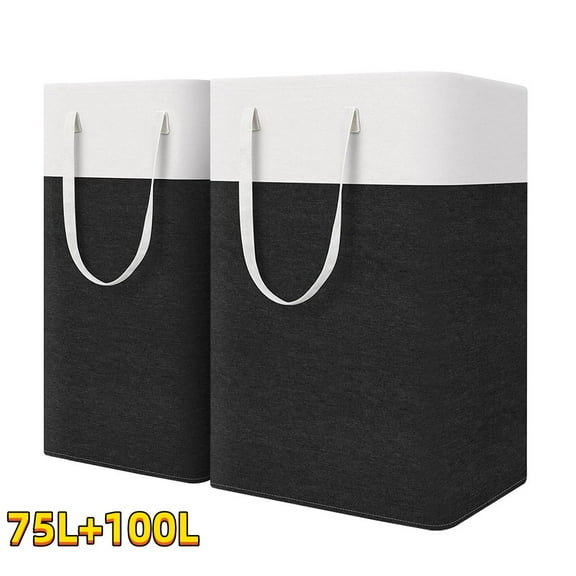 2 Pack Laundry Hamper Large Collapsible Laundry Baskets, Freestanding Waterproof Clothes Hamper with Easy Carry Handles for Laundry Room Bedroom Bathroom College Dorm for Adults, Grey, 75L 100L
