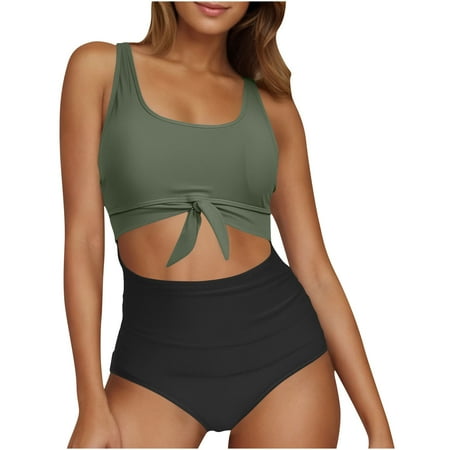 Dezsed Womens High Waisted Bikini Sets Sporty Crop Top Color Block Swimwear Bandeau Vintage Two Piece Bathing Suits Clearance Army Green XL