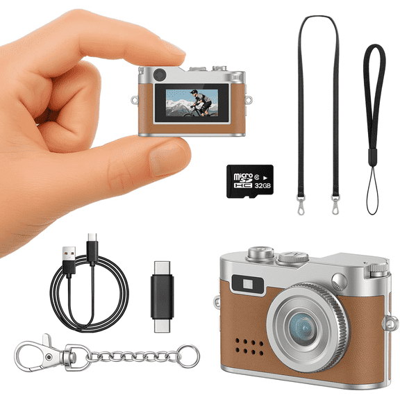 Domvaranique Mini Retro Digital Camera, Brown with 32GB Card and 1080P Video