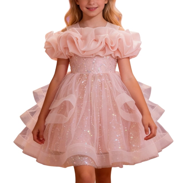 Rhuody Robes pour Filles Sans Manches à Col Rond Robe d'Été Robe de Fête Robe Bouffante pour Concours Performance Récital Douce Combinaison Rose 12-18 Mois